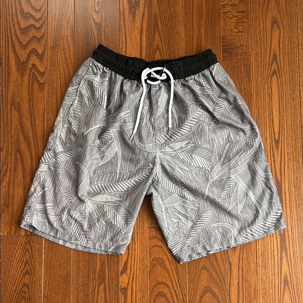 Gray Leaf Print Swim Shorts/Trunks